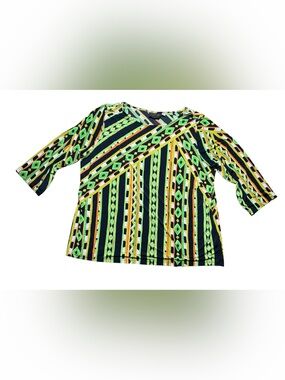 Bob Mackie Neon Green & Yellow Geometric V-Neck Short Sleeve Top- Wearable Art